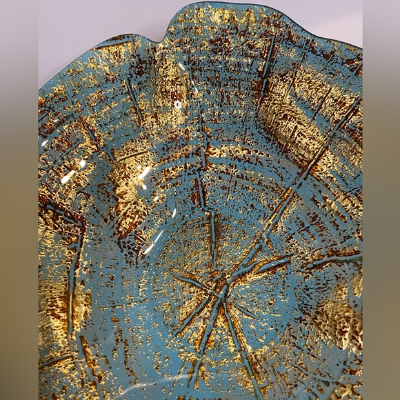 EUC Vtg "Akcam" Metallic Teal and Gold Abstract Design Hand Made Glass Bowl/Dish - Picture 4 of 7